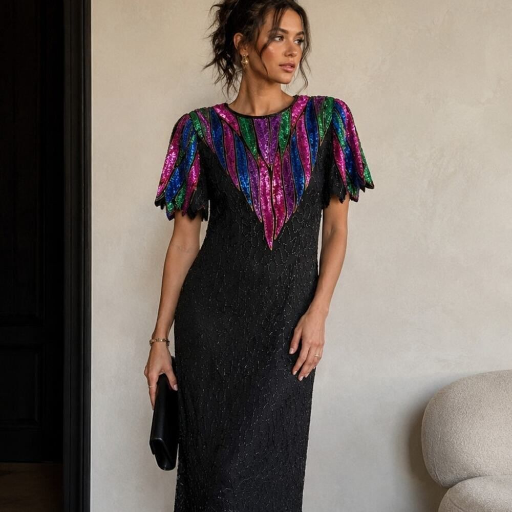 Vintage 80s Stenay Beaded Sequin Evening Dress Size M